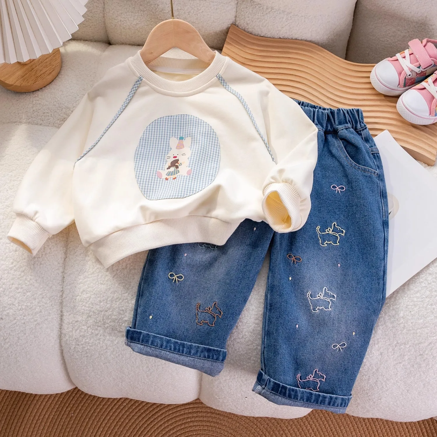 Korea Autumn Baby Girl Outfit Cotton Cartoon Animal Patch Sweatshirt Suit Dog Embroidery Little Girl Denim Pant 2PCS Clothes Set