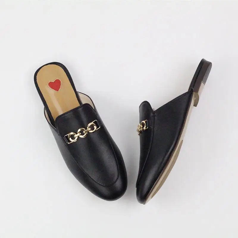 2025 Genuine Leather Brand Summer Shoes Slip On Large Size Embroidery Flat With Slingback Outside Slippers Metal Chains Mules