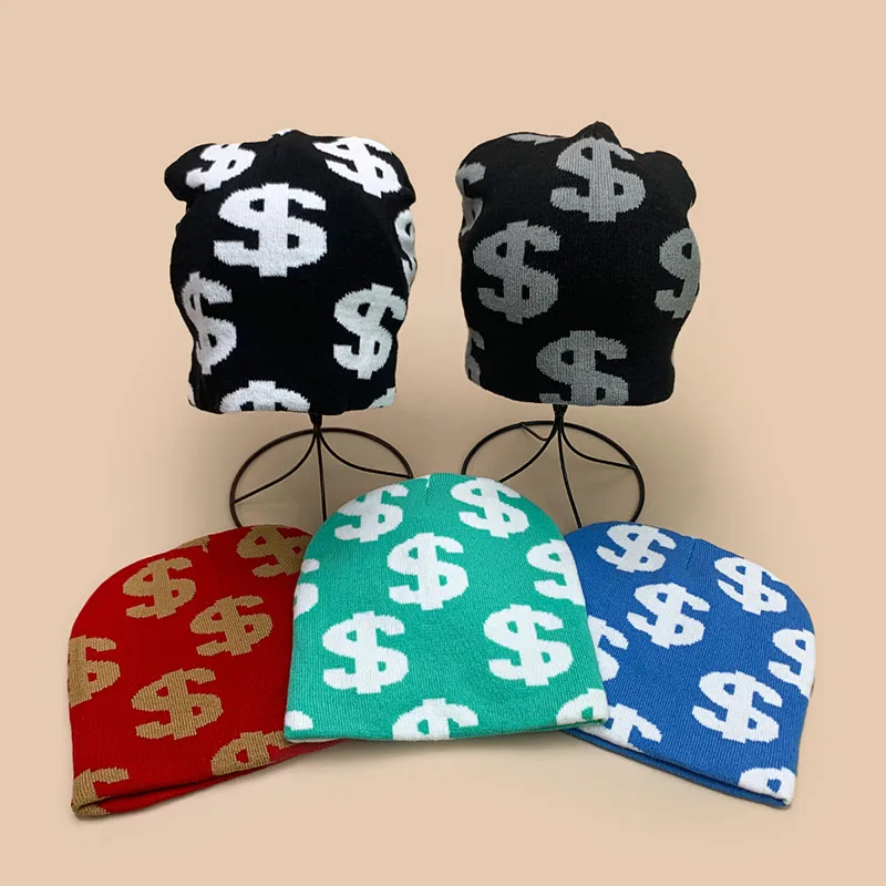 Warm Color Block Fashion Personal Beanies Street Versatile Hip Hop New Men Women European Jacquard Dollar Pattern Knitted Hats