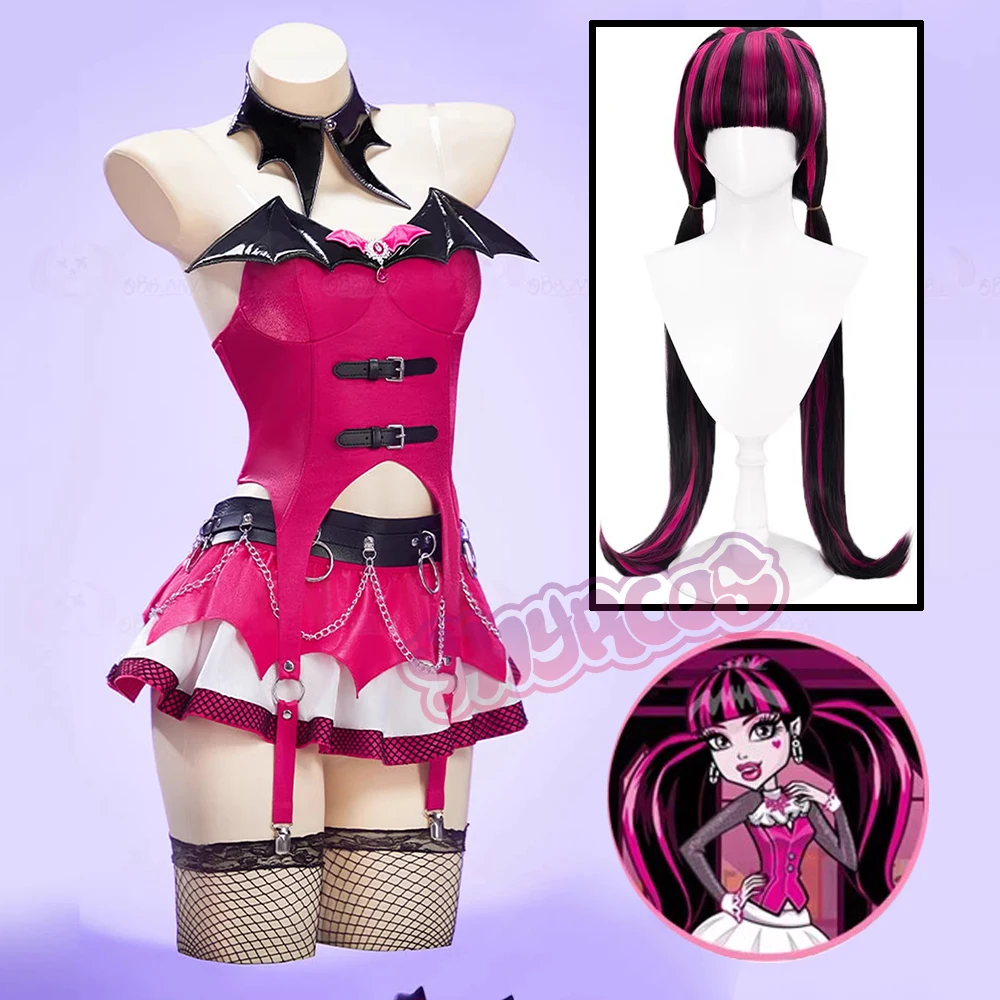 

MMonster Cos HHigh Draculaura Косплей Костюм Парик Женщины Хэллоуин Вечеринка Фэнтези Униформа Платье Реквизит Носки Брошь Серьги