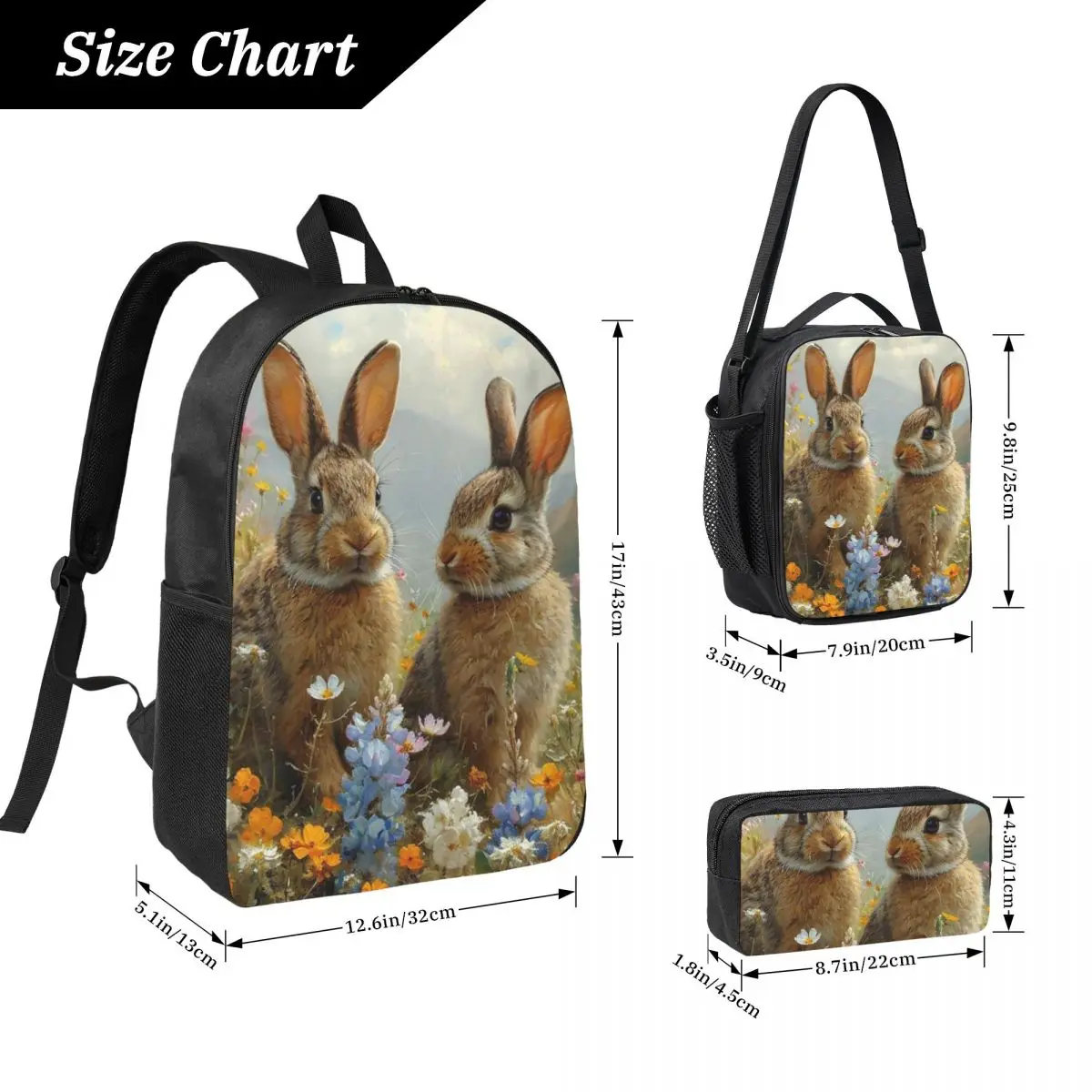 Two Whimsy Rabbit Backpack Boys Girls BookBag School Bag Laptop Shoulder Bags 3ps Insulated Lunch Bag Pencil Case