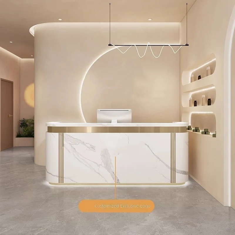High-quality custom logo modern light luxury wooden reception counter, suitable for beauty spas, beauty salons, retail stores, h