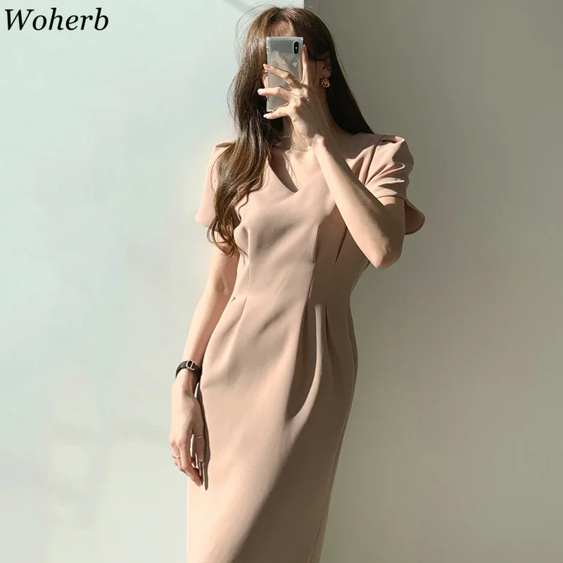 Woherb Korean Chic Women Dress Short Sleeve Casual V-Neck Elegant Office Lady Dresses 2024 New Slim Waist Robe Vestidos Mujer