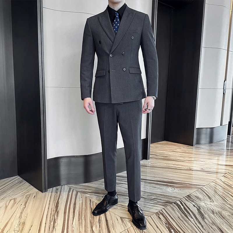 (Jackets+Vest+Pants) New Style Three-piece Double-Breasted Suits/Male Solid ColorBusiness Blazers Man Slim Groom\'s Wedding Dress