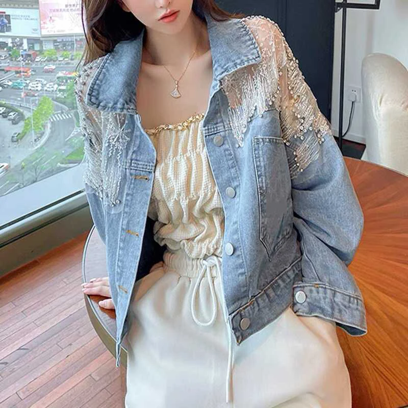 

Hollow Out Sequined Denim Jacket Women Spring Autumn 2025 New Korean Loose Fashion Lapel Coat patchwork Versatile Short Top