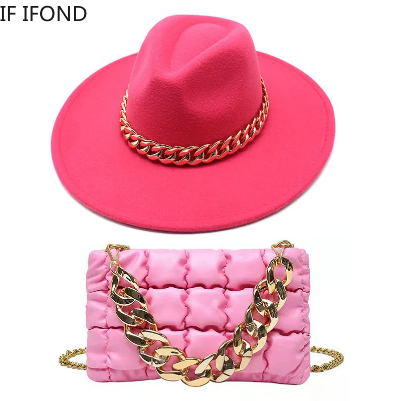 Fashion Luxury Two-piece Set Big Wide Brim 9.5CM Fedora Hat And Oversized Chain Accessory Bag Party Jazz Hats For Women