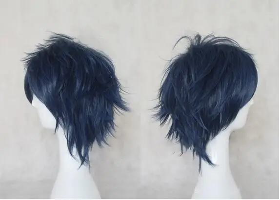 Men Blue Cosplay Wig Layered Short Straight Synthetic Hair Wigs for Young People