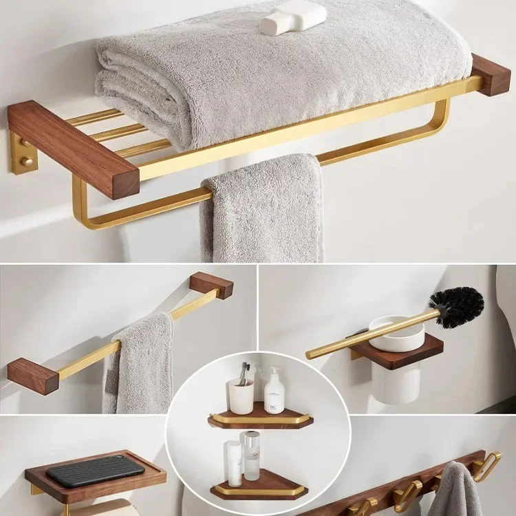 Walnut Wood Brushed Gold Bathroom Hardware Set Towel Rack Toilet Paper Holder Towel Bar Robe Hook Shelf Bathroom Accessories