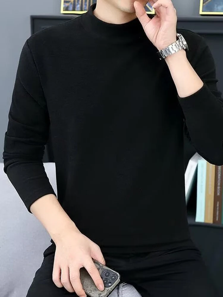 Gold Velvet Thickened Long Sleeve Thermal T-Shirt Men's Autumn Winter Warm Base Layer Shirt Half High Collar Inner Wear Base ...