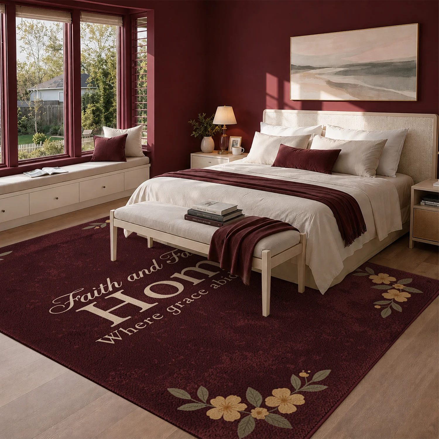Floral Pattern Faith Family Home Quote Velvet Floor Mat, Machine Washable Soft Plush Rug for Entryway, Living Room, Bedroom, Kitchen, Ideal for Halloween, Thanksgiving, Christmas, New Year, Black Friday, Cyber Monday