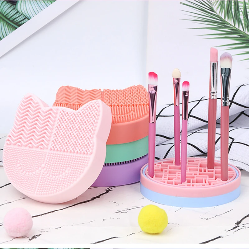 Creative Cosmetic Brush Cleaning Storage Box Silicone Kitty Makeup Brush Drying Brush Holder Cartoon Beauty Rack Scrubbing Pad