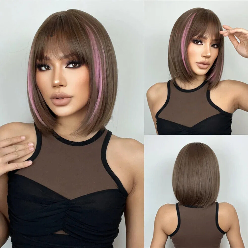 Short Brown Bob for Women Pink Highlight Wig with Bangs