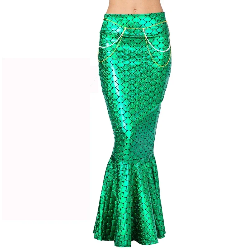 

Mermaid Costume for WomenHalloween Metallic Hologram Scale Print Fishtail Skirt with Pearl Chain Maxi Mermaid Skirts Costume