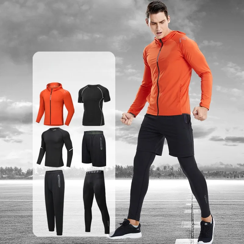 Luluesses Men's 6-Piece Sportswear Set Breathable Camping Outfit Mountain Climbing Cycling Training Gear with Pockets Hooded