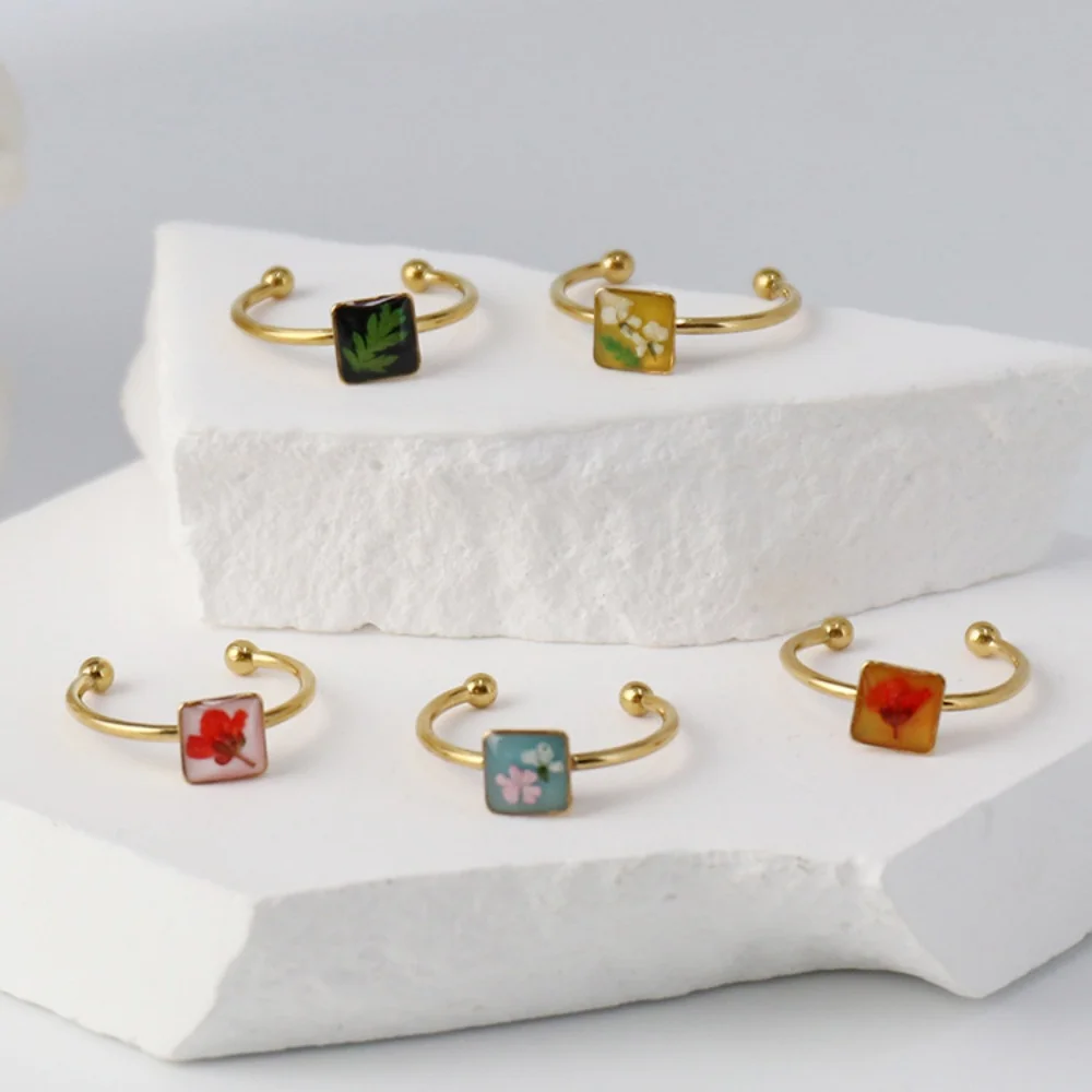 Wency Stainless Steel Dried Flower Square Ring For Women Eternal Flower Open Finger Ring Jewelry Wedding Band Gift Wholesale New