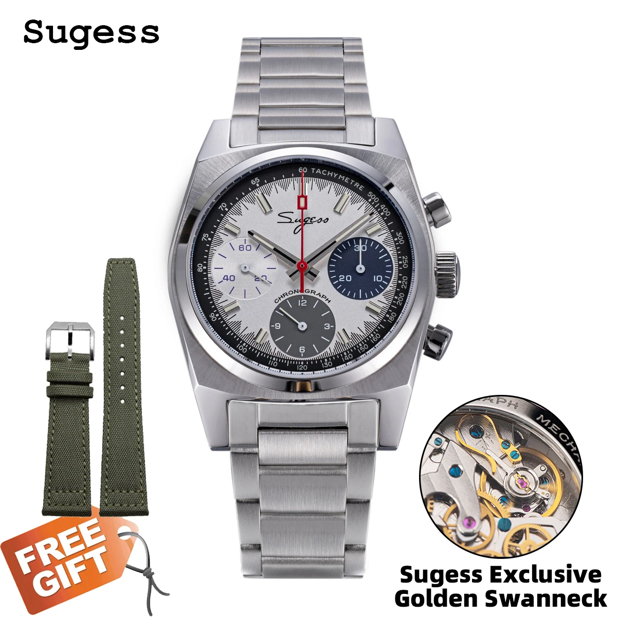 Sugess 37mm Herren-Pilotenuhr Original ST1902 Chronograph Schwanenhals Mechanische Armbanduhr Saphirglas Force Army S419-2