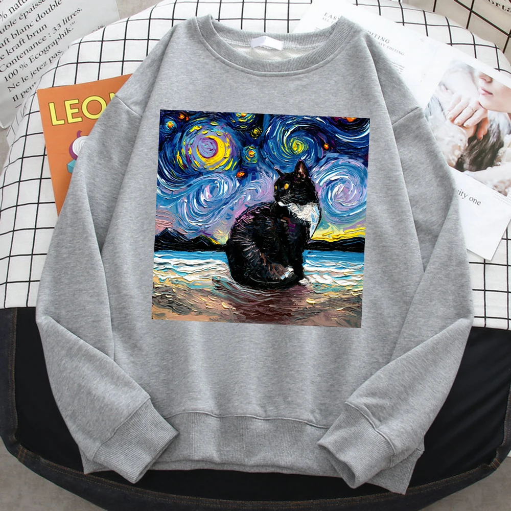 Winter Simple Women\'S Sweatshirt Cat Starry Sky Universe Print Hoodie Comfortable Fleece Pullovers Loose Warm Female Sportswears