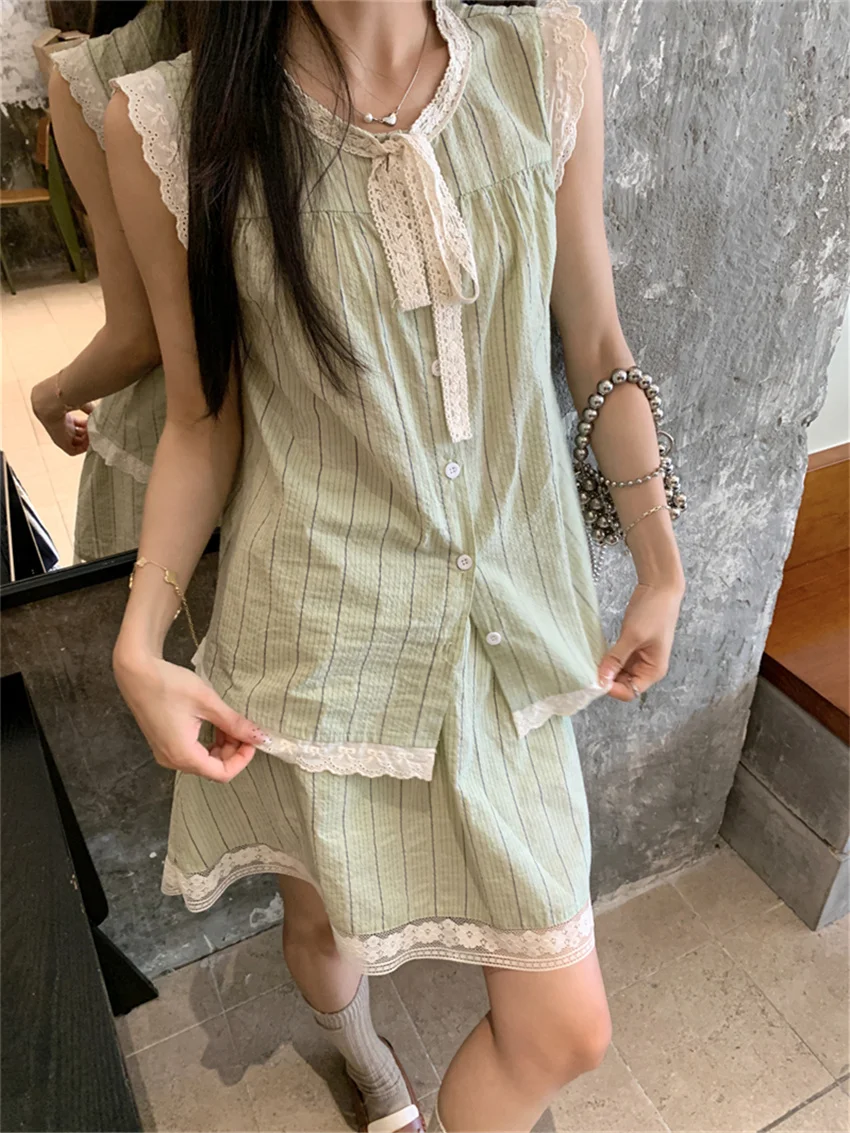 Alien Kitty Sweet Girls Women Two Pieces Suits Summer Lace Stripes New Office Lady Slim Shirts 2024 Vacation Cake Skirts