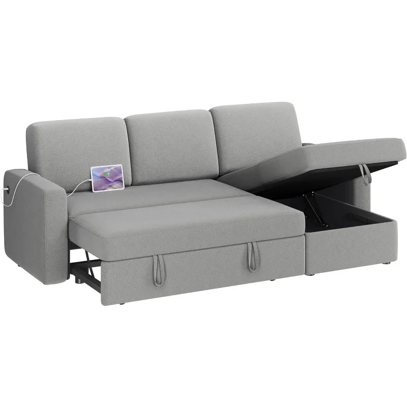 

Sectional Sofa L-Shaped Sofa Couch Bed w/Chaise & USB, Reversible Couch Sleeper w/Pull Out Bed & Storage Space