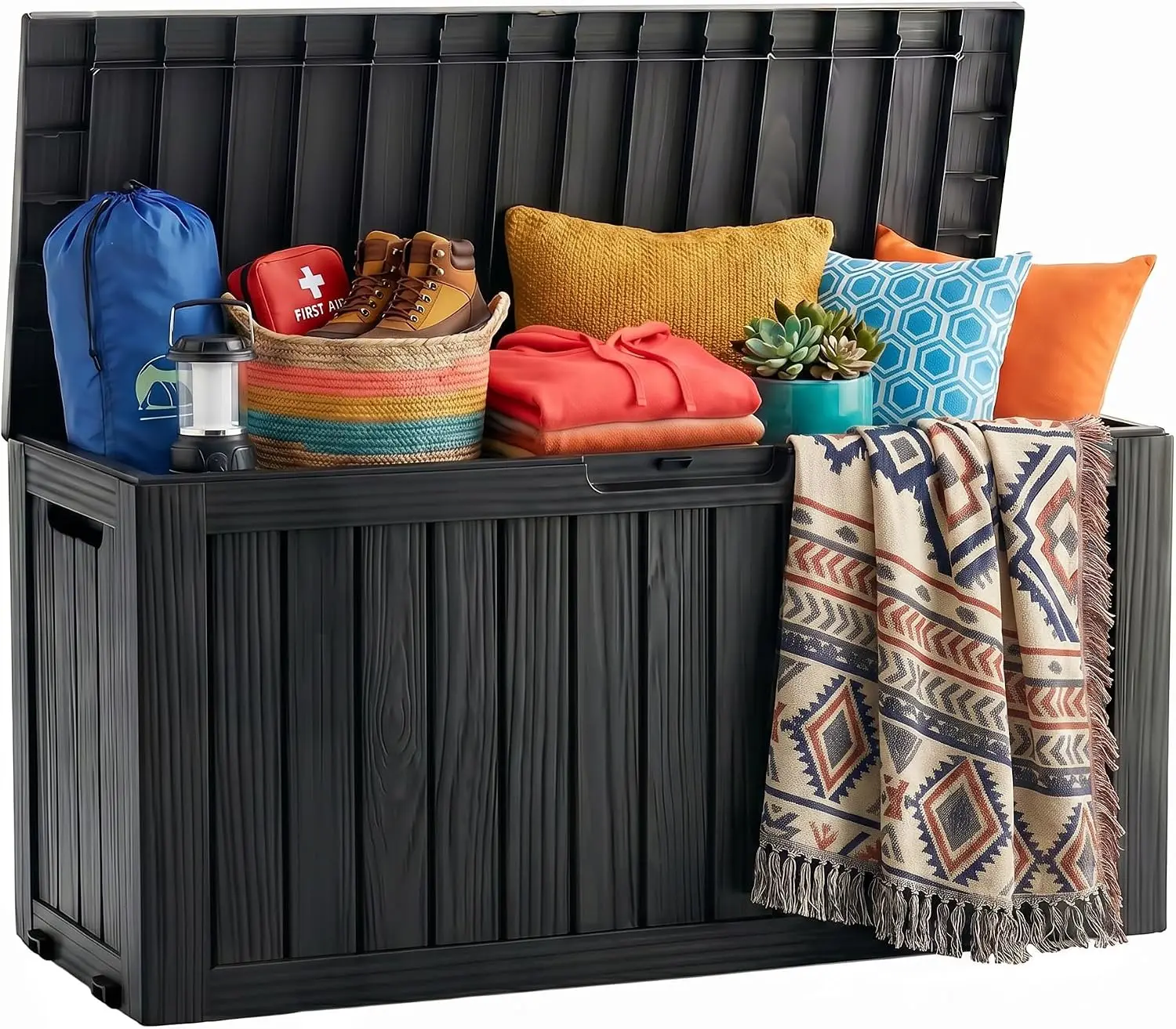 Large Waterproof Resin Deck Box, Lockable Indoor Outdoor Storage Container for Patio Furniture Cushions and Garden Tools, Outdoor Storage Chest