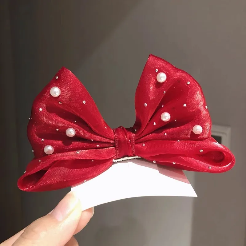 Brand New Pearl bow girl headwear mesh velvet hair clip party girl dance hair accessory hair clip red 2025