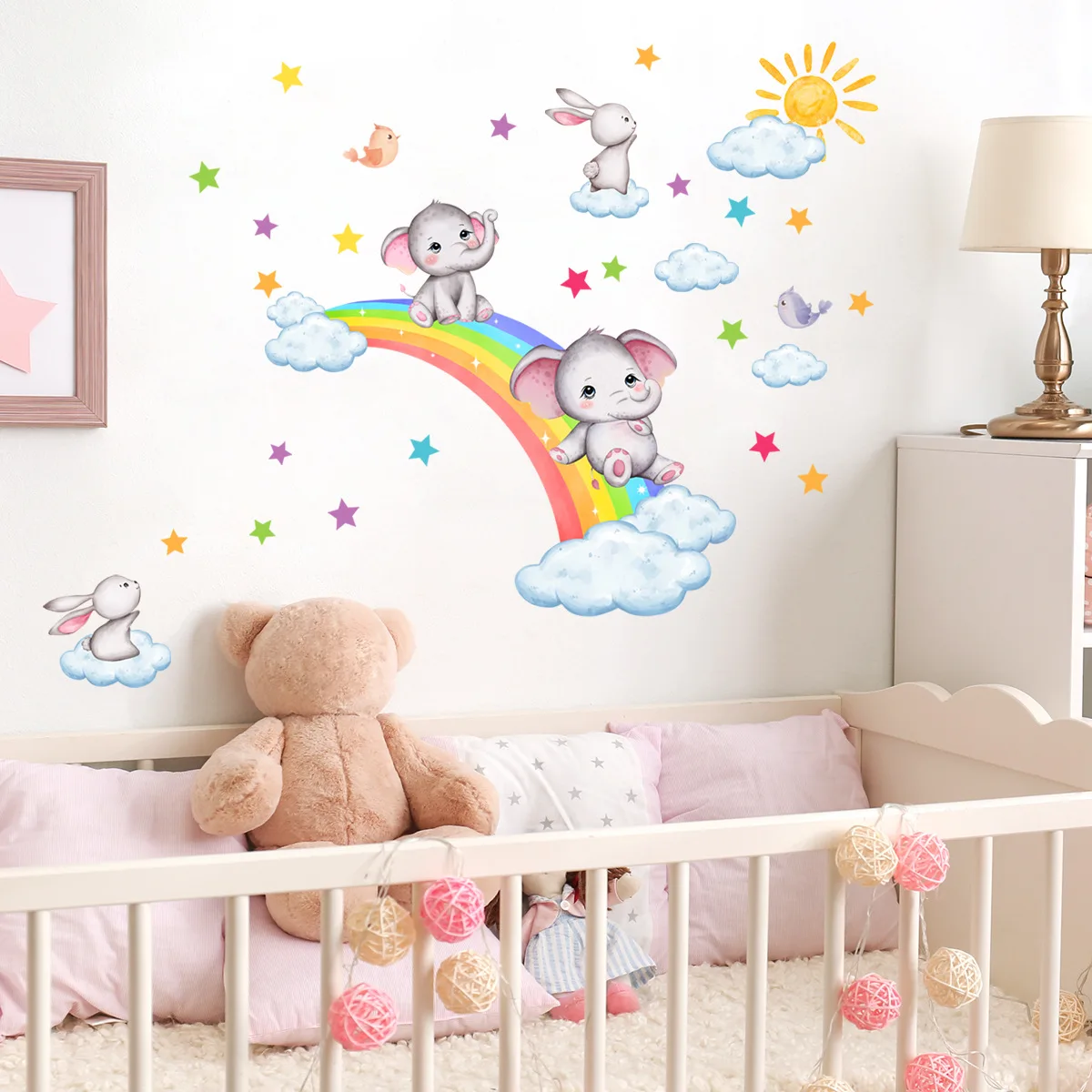 Cartoon Rainbow Elephant Koala Rabbit Clouds Wall Sticker Baby Nursery Kids Room Animal Sky Star Wall Decal Bedroom Decor