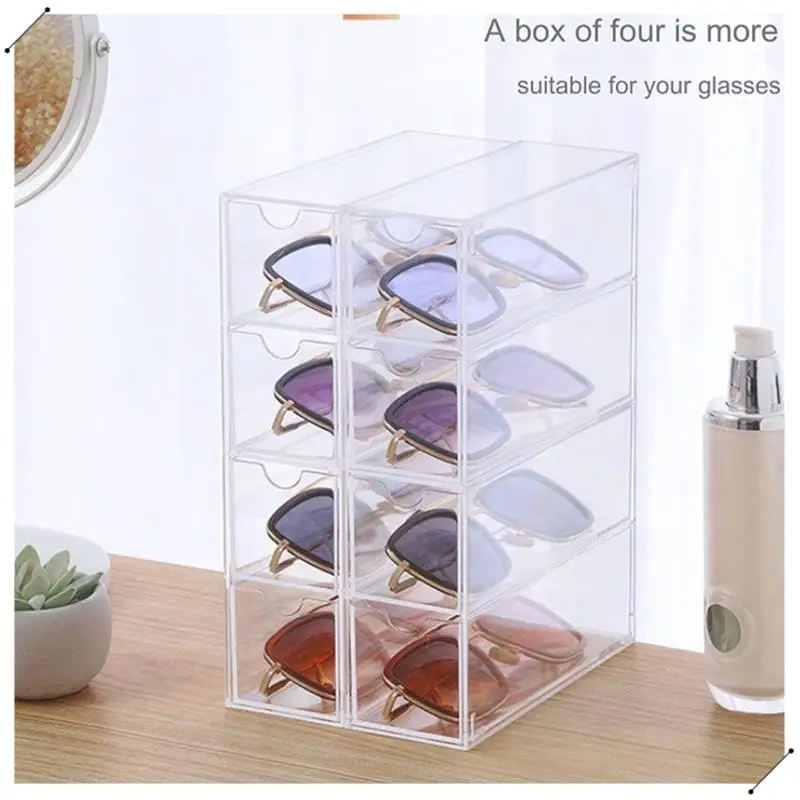 Glasses Storage Box Acrylic Eyeglass Case Clear Eyeglass Holder 4 Layers Large Glasses Organizer Box Durable Easy Install