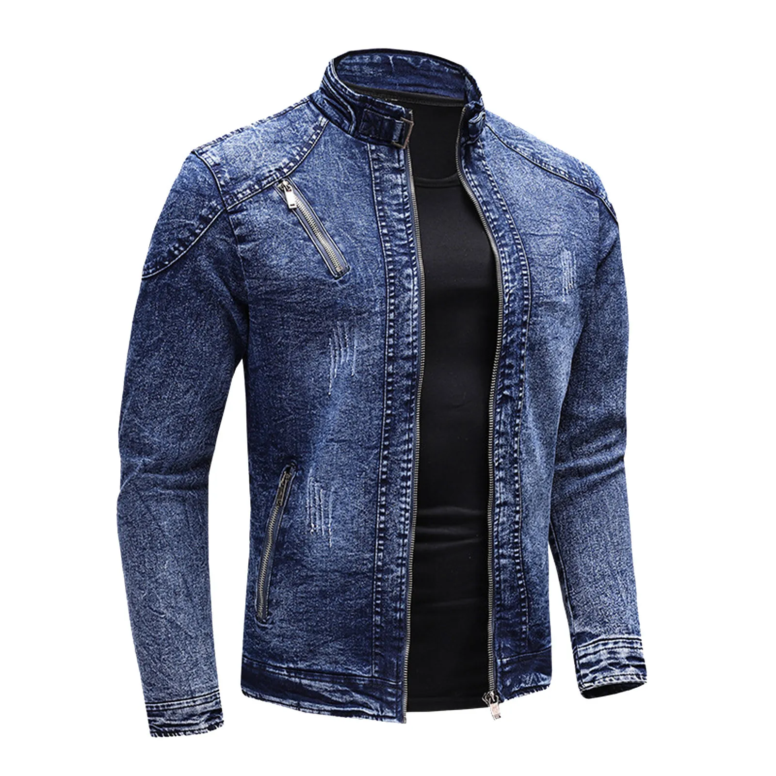 

Denim Jackets Men Casual Stand Collar Moto Biker Outerwear Coats Mens Fashion Zippers Motorcycle Streetwear Jacket Male Clothes