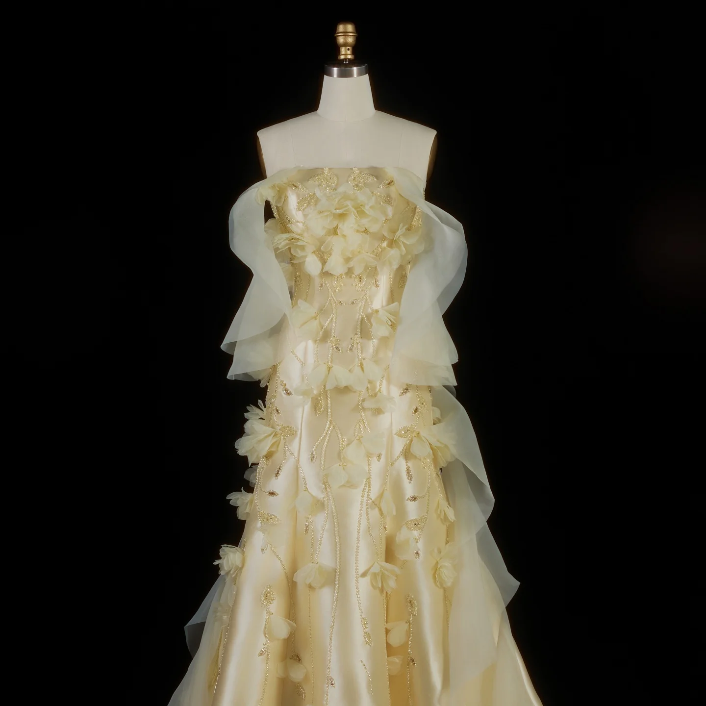 Sharon Said Gelbes Meerjungfrauenkleid für Damen, formelles Abendkleid, schulterfrei, mit 3D-Blumen, Rüschen, Perlen, Party- und Ballkleid SS505, maßgeschneidert – Detail 5
