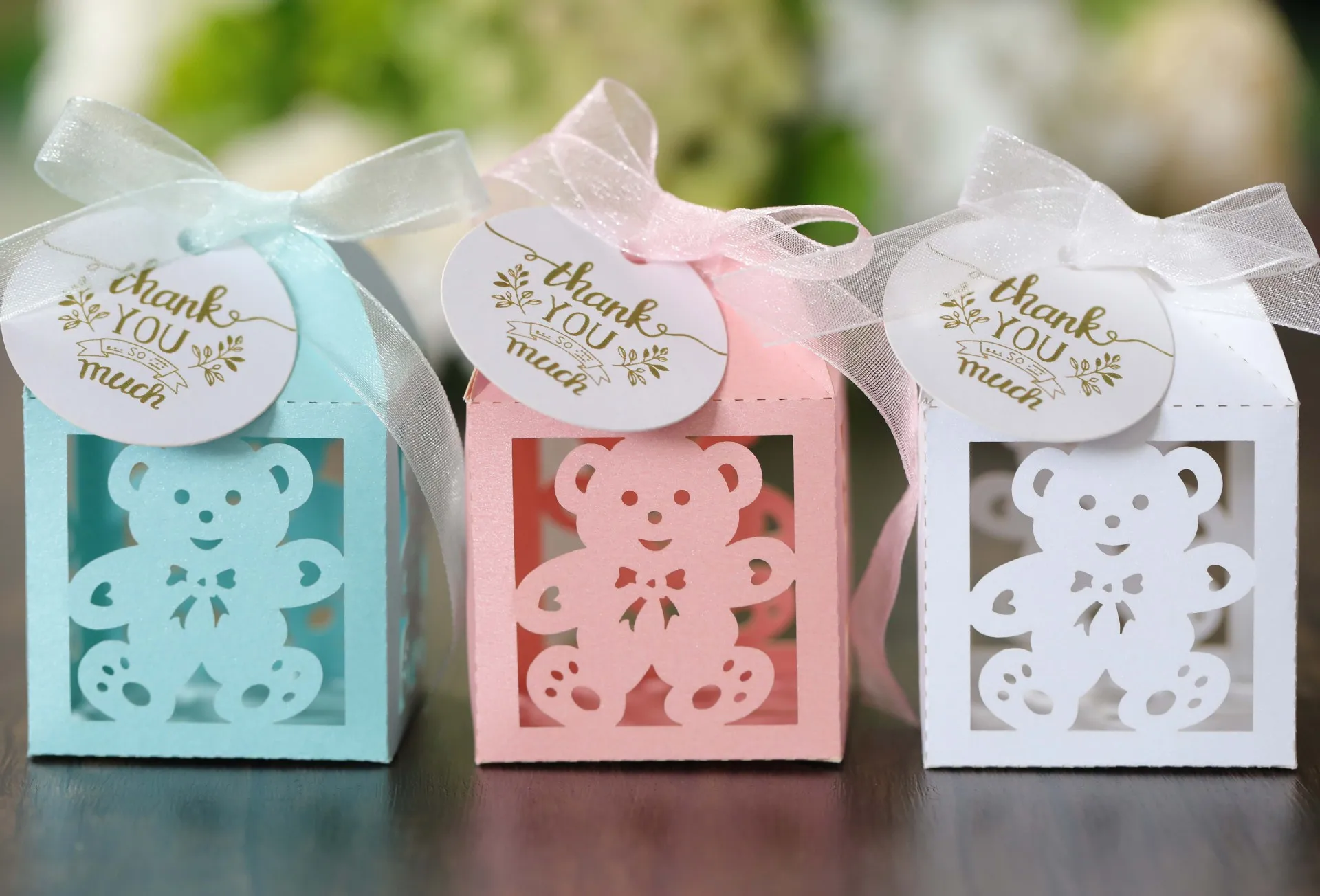 25/50/100 Stück Süßigkeitenboxen für Babyparty, Geburtstag, mit Dankeschön-Tags, Bändern, süße Bären-Verpackungsbox für Schokoladen-Party-Dekoration – Detail 1