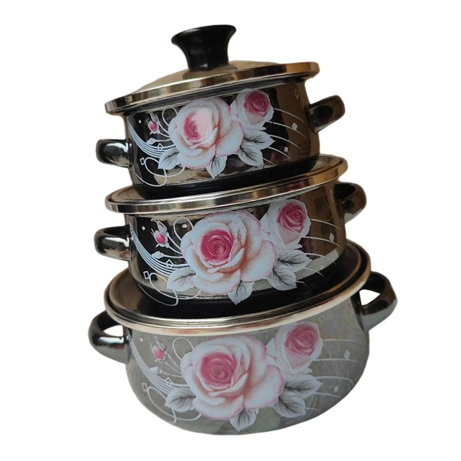 3x أواني المينا أوعية الطبخ الحساء المحمولة مرآة الورد الصقيل المطبخ الحساء
