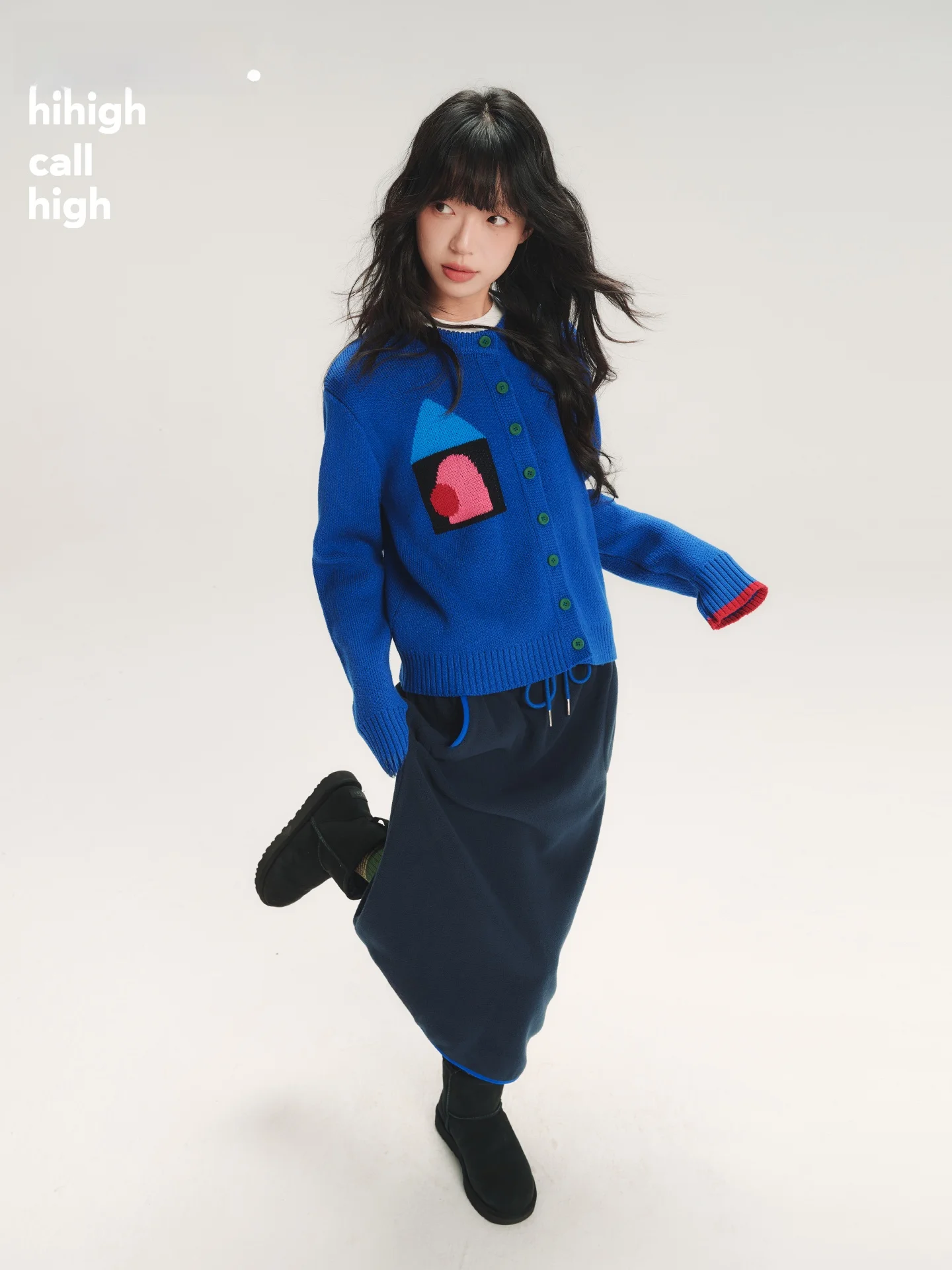 

Hand-Painted House Pattern Knitted Cardigan Sweater with Button Contrast Color Blo Design Soft Nylon Blend Material