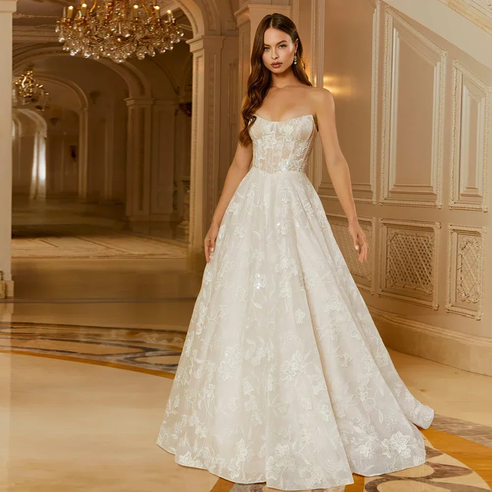 

Flavinke Customized Elegant Exquisite A-Line Strapless Wedding Dresses Applique Floral Lace Bridal Growns Vestidos De Novia