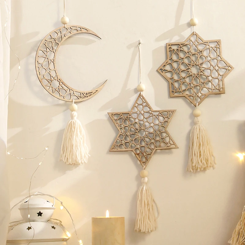 

Warm Star Moon Wooden Ornaments Wooden Ramadan Hanging Ornaments With Tassels Photography Background Decoration Home Wall Decor