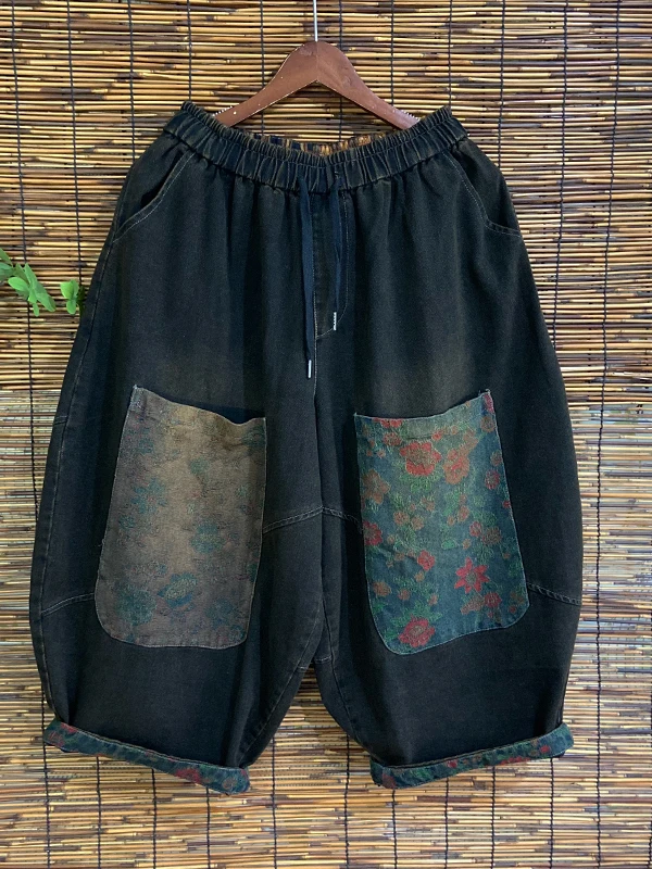 Retro Fashion Large Pocket Denim Jeans Women Loose Slimming Wide Leg Pants Autumn New Style Printed Personalized Casual Trousers