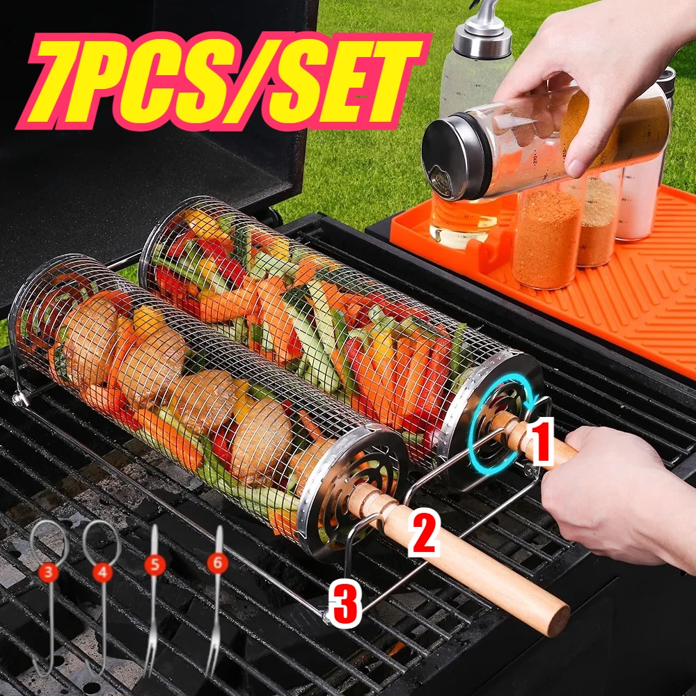 bbqグリルバスケット、ステンレス製回転式キャンプ用グリルバスケット（木製ハンドル付き）、屋外bbq用ポータブル丸型ワイヤーメッシュケージ