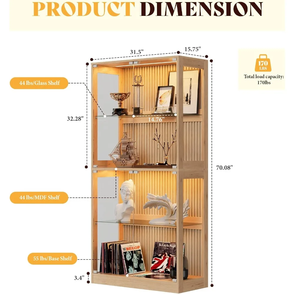 AMERLIFE 32-Inch RGB Display Cabinet with Glass Shelves, LED Curio Cabinet for Collectibles
