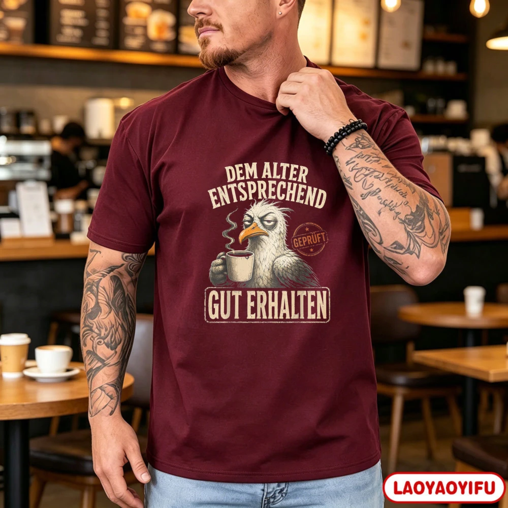 Men's Vintage Grumpy Eagle Coffee Print T Shirt Age Appropriate Good Receive German Slogan Cotton Gift Tea for Coffee Lover Tees