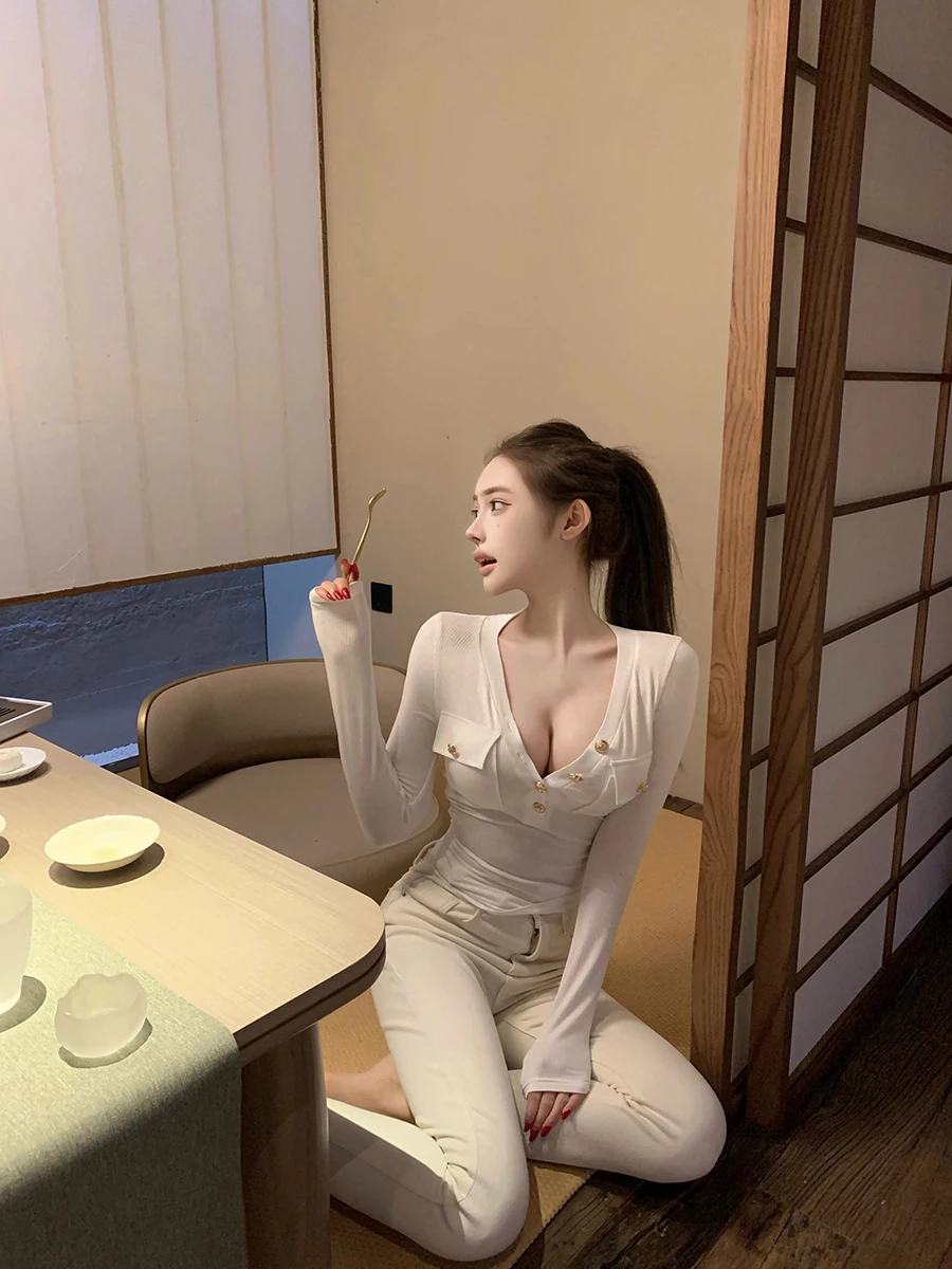 

Ele V-Ne Long Sve Base irt, внутренняя одежда, облегающая женская футболка из смеси хлопка и полиэстера, осенний топ для поездок на работу