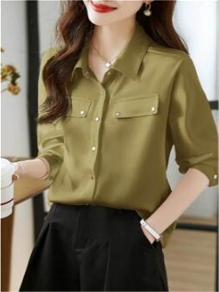 

Simple Women Shirt Solid Color Blouses For Women Elegant Top Laple Long Sleeve OL Basice Ladies Clothes Casual Feminine Blusas