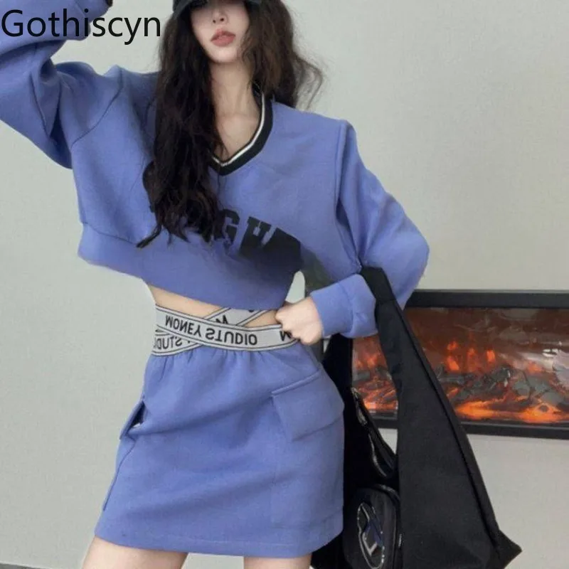 

Gothiscyn Hot Girl Set Women's Autumn Short V-neck Loose Long-sleeved Sweatshirt High Waist Cross Skirt Fashion Two-piece Set