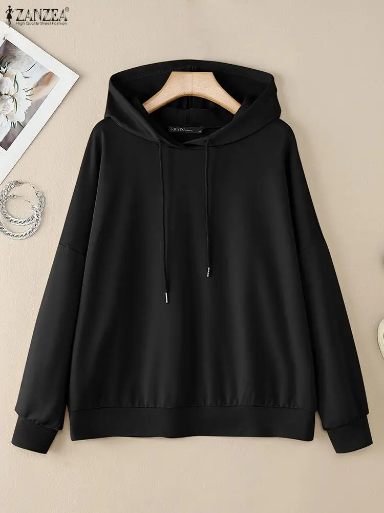 

ZANZEA женские черные пуловеры с капюшоном повседневные толстовки с капюшоном и длинными рукавами с заниженными плечами уличная одежда FW 2025 женская верхняя одежда S-3XL