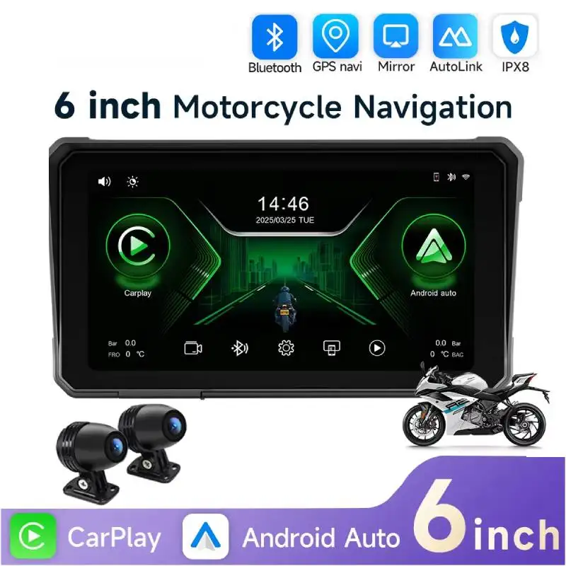 6 Inch Motorcycle 2K HD Multimedia Player GPS Navigation Wireless Carplay Android Auto IPX8 Waterproof Touch Screen Bluetooth