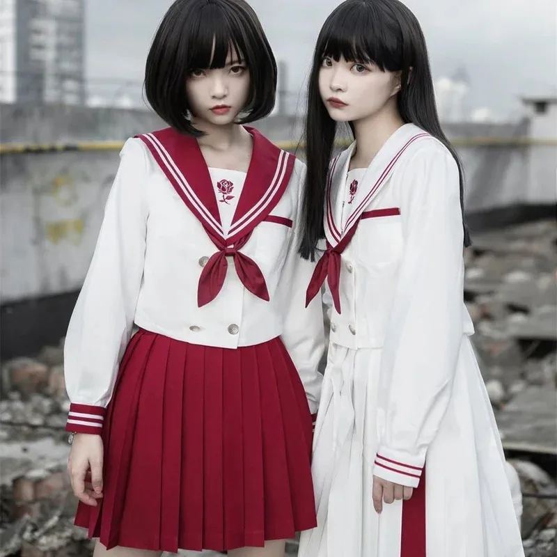 

Cy[Fire and Roses]Jk Uniform Academy Style Daily Bad Sailor School Uniform Set Red White Long Short Skirts Lolita Dresses Women