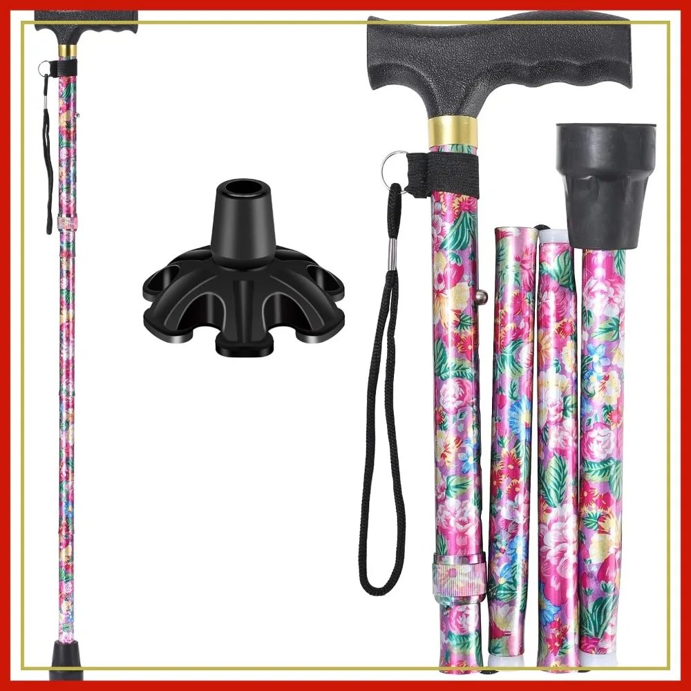 

5-Level Height Adjustable Folding Walking Cane with T-Handle, Portable Mobility Aid for Women, Purple Flower Design