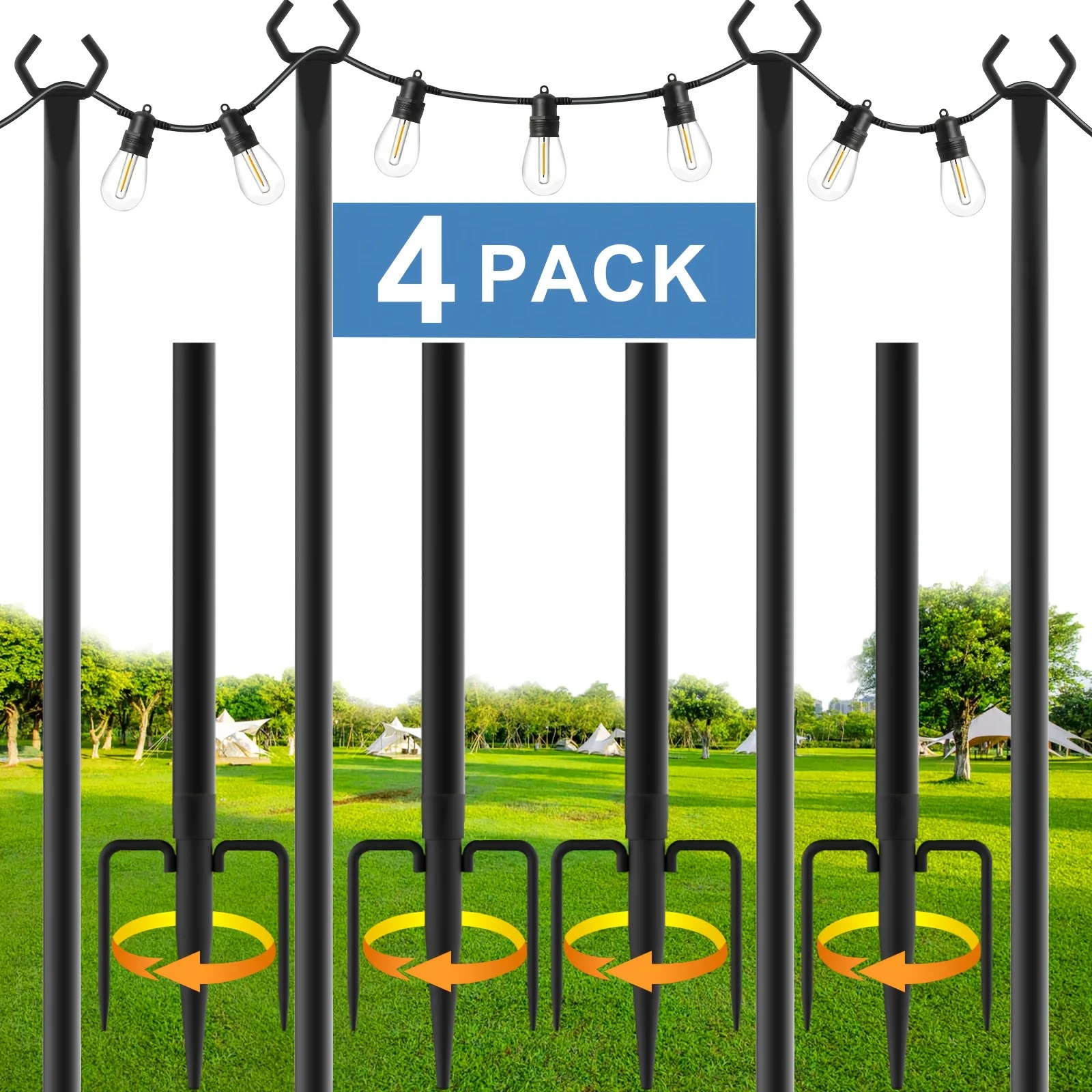 

4 Pack 8.9Ft Outdoor String Lights, Waterproof Rigid Metal Outdoor Pole, Suitable for Patio, Garden, Bistro, Wedding, Party Hanging String Lights - Black