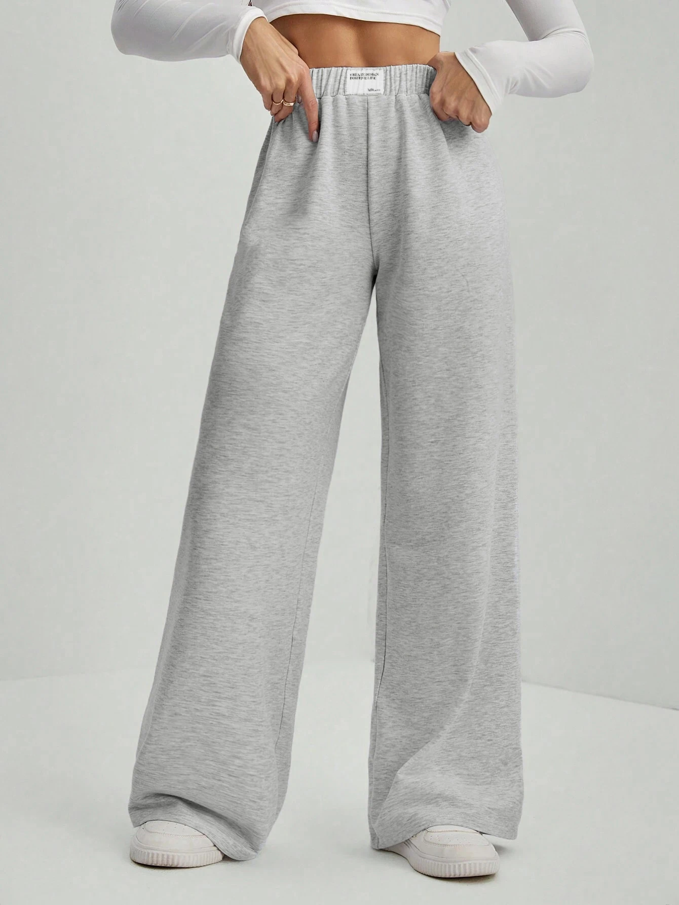 Damenhose mit Buchstaben-Patchentasche und weitem Bein, lässige, bequeme Hose mit elastischem Bund für Herbst und Winter, Damenhose