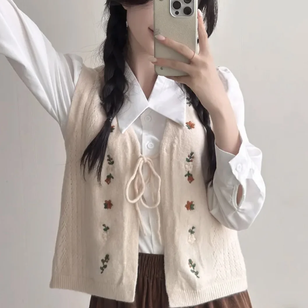 سترة محبوكة أنيقة ومطرزة على شكل حرف V للنساء من Faion College Sle مع حزام بطول ort سترة طبقات