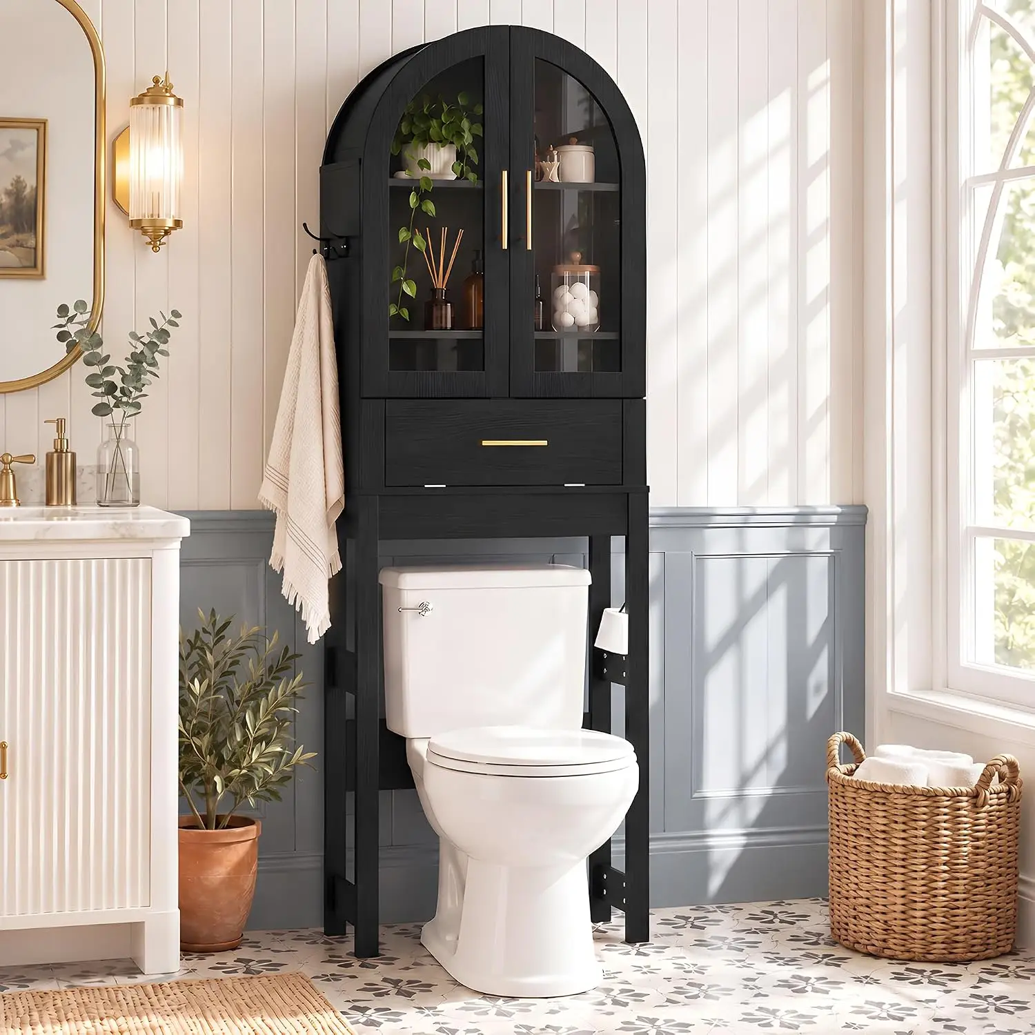 Over The Toilet Storage Cabinet,Arched Toilet Storage Cabinet with Detachable Tissue Holder,Adjustable Shelf & Metal Hooks,Space