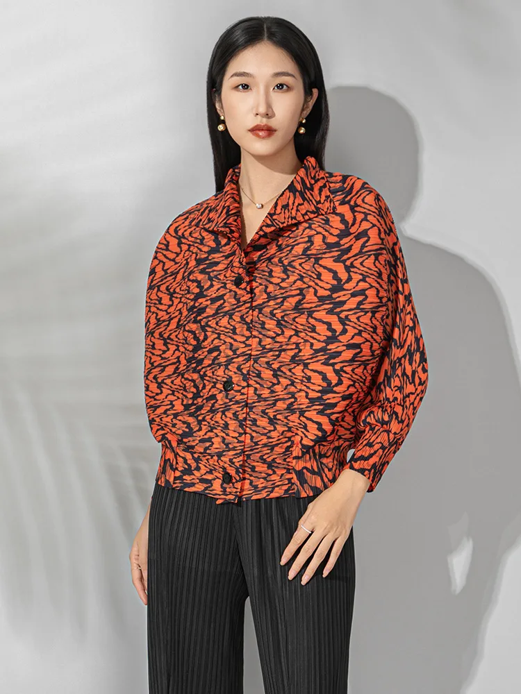 Miyake Pleated 2025 New Fashion Printed Long-sleeved Jacket for Women Small Lapel Buttoned Retro Casual All-match Cardigan Top